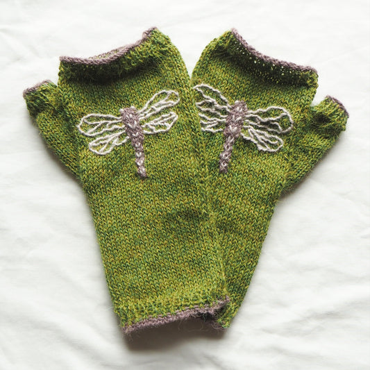 Embroidered Dragonfly Fingerless Gloves - Green