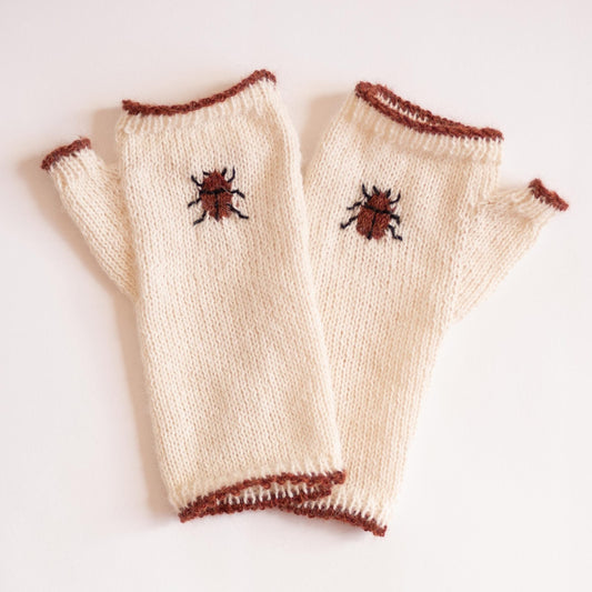 Embroidered Beetle Fingerless Gloves - Cream image