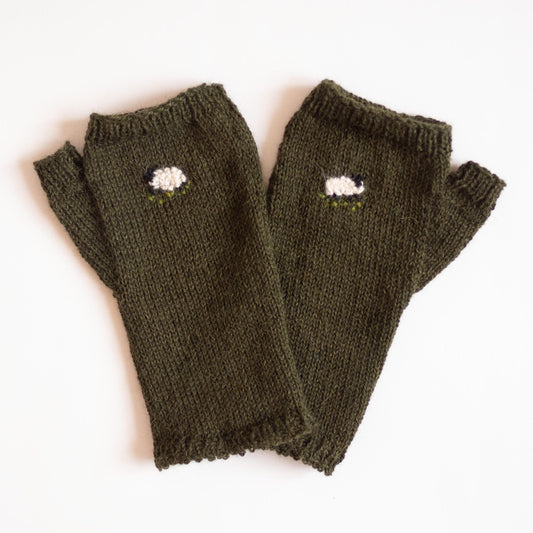 Embroidered Green Sheep Fingerless Gloves image 0