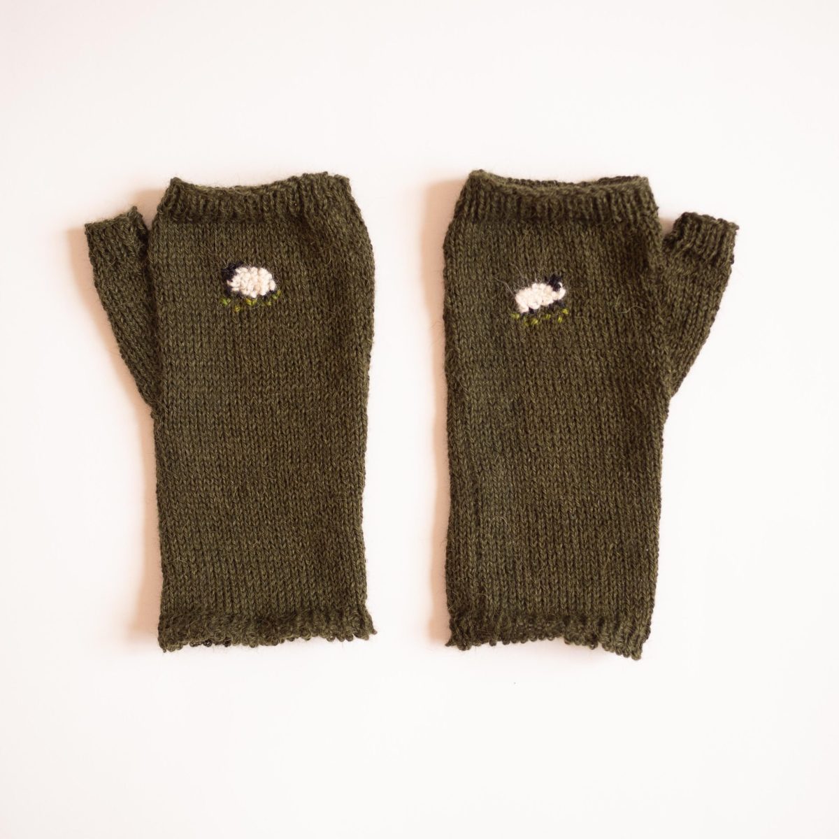 Embroidered Green Sheep Fingerless Gloves image 1