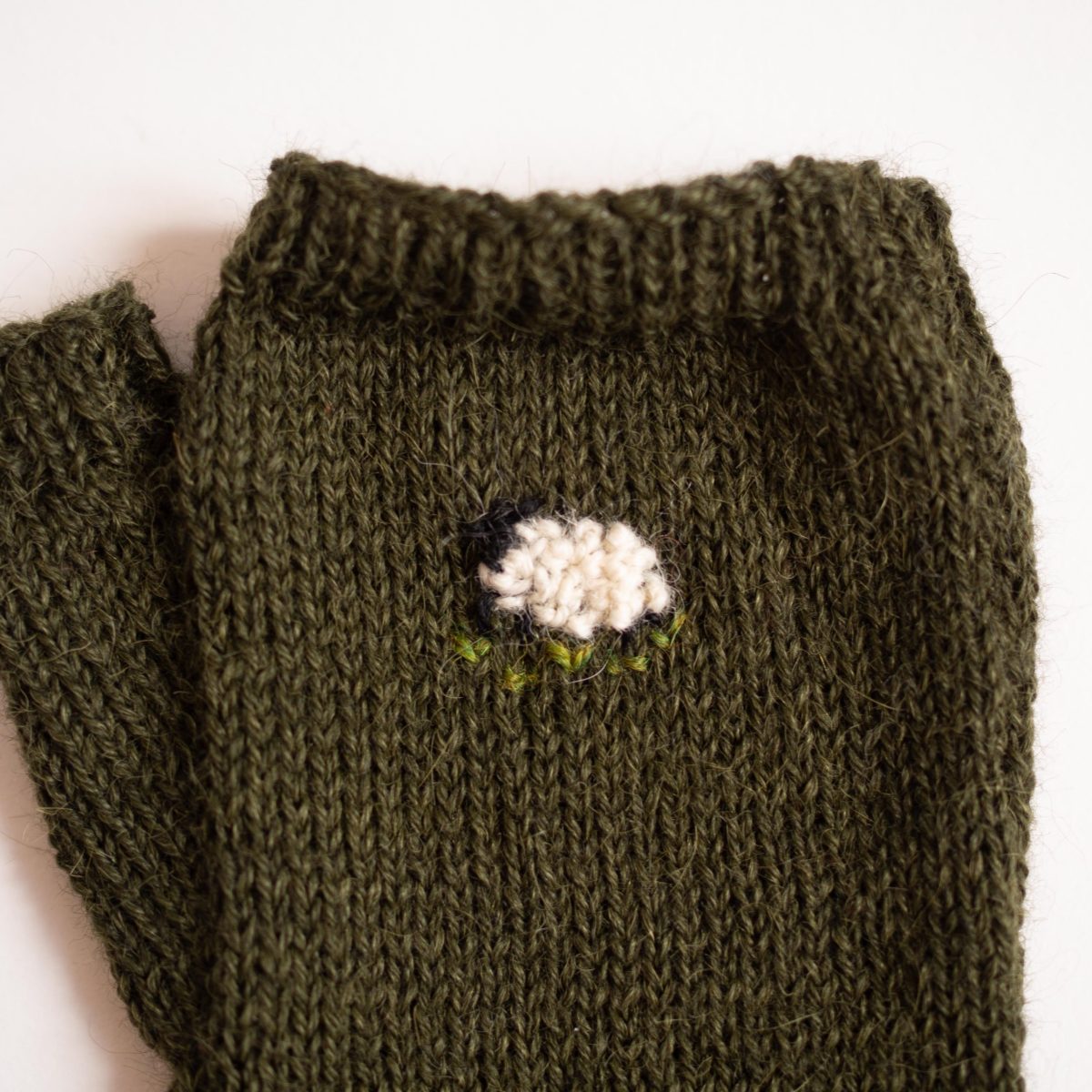 Embroidered Green Sheep Fingerless Gloves image 2