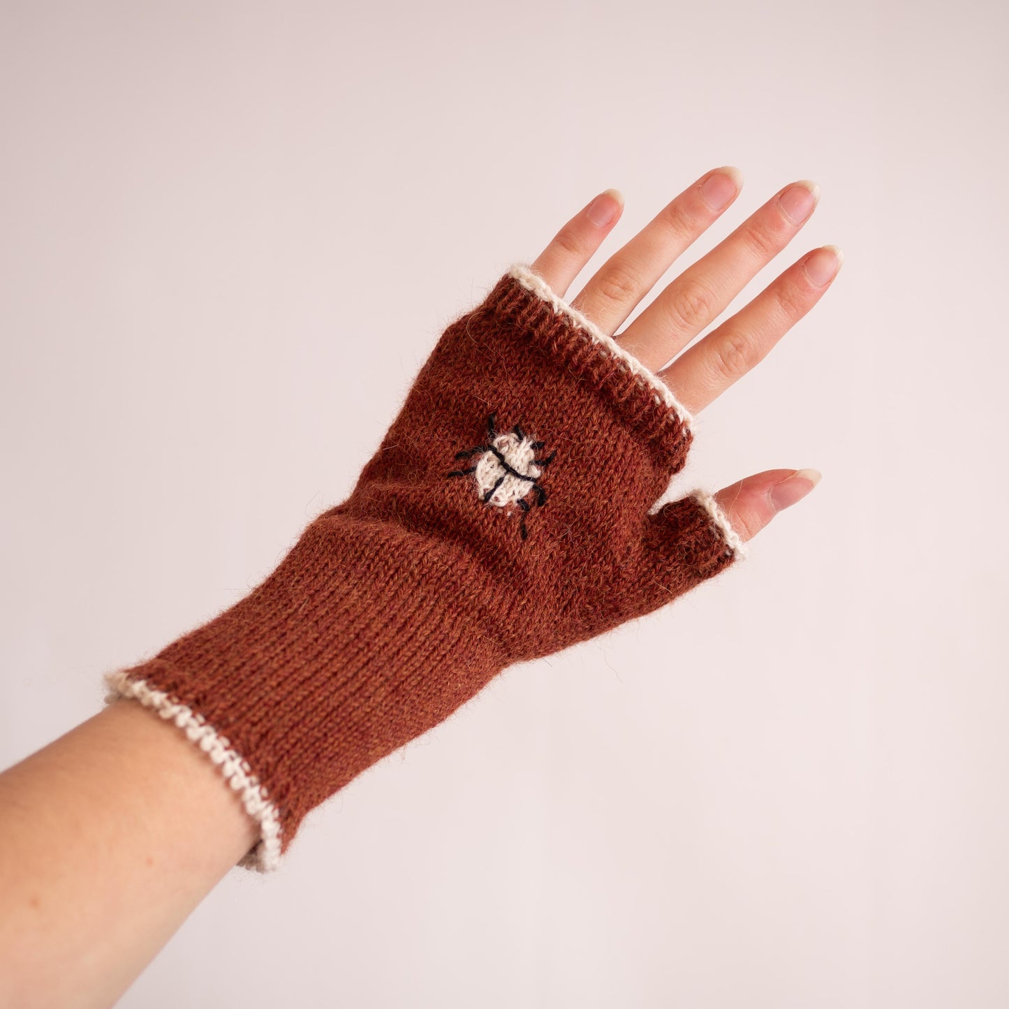 Embroidered Beetle Fingerless Gloves - Hazelnut