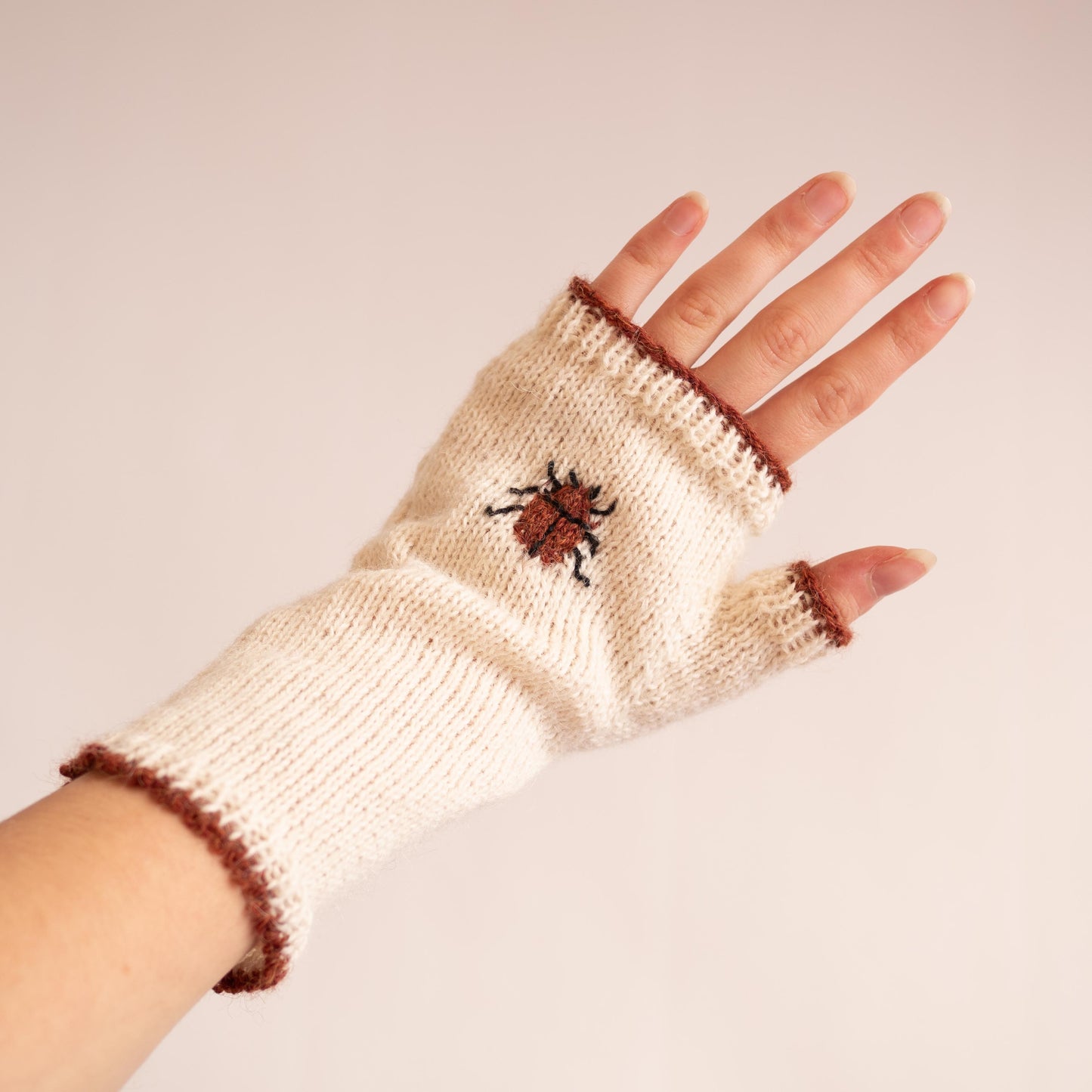 Embroidered Beetle Fingerless Gloves - White