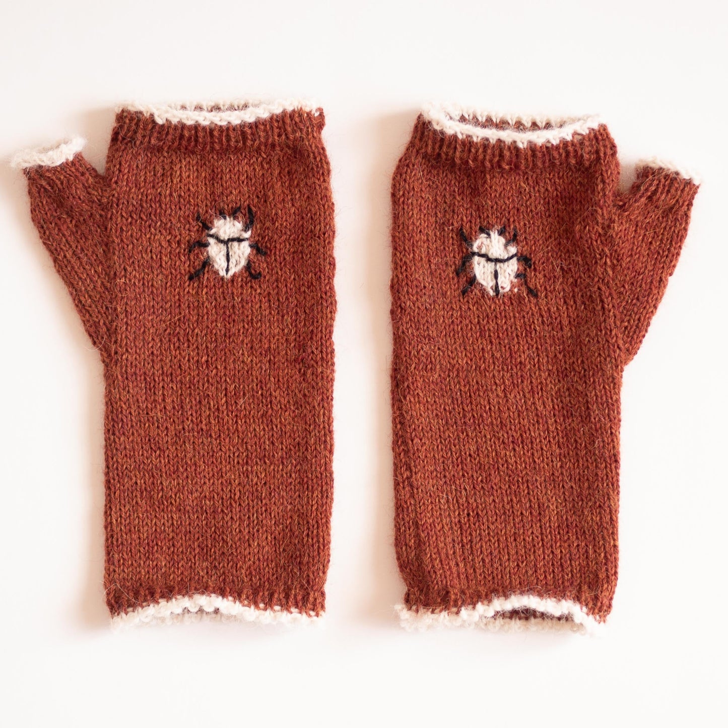 Embroidered Beetle Fingerless Gloves - Hazelnut