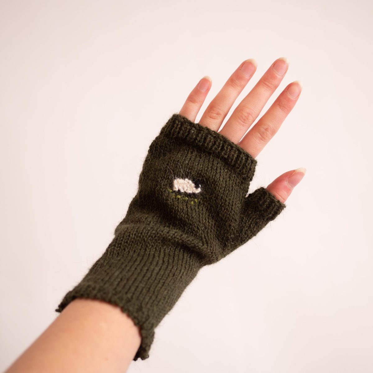 Embroidered Green Sheep Fingerless Gloves image 4